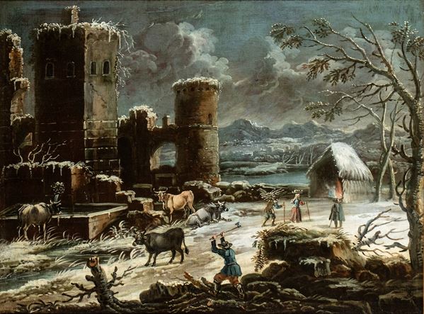 Artista fiammingo attivo in Italia, XVIII secolo - Winter landscape with village, farmers and herdsmen