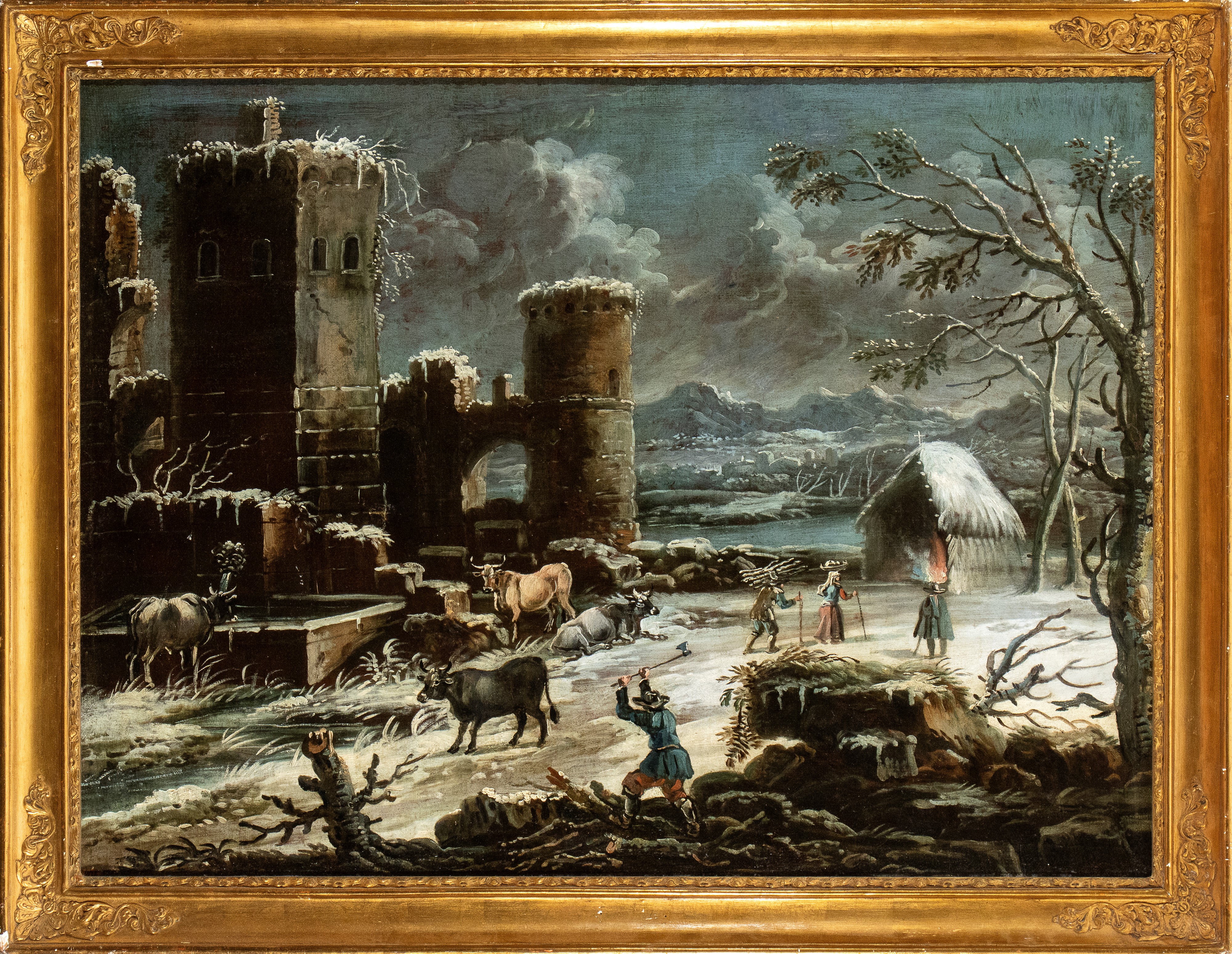 Paesaggio invernale con villaggio, contadini e armenti