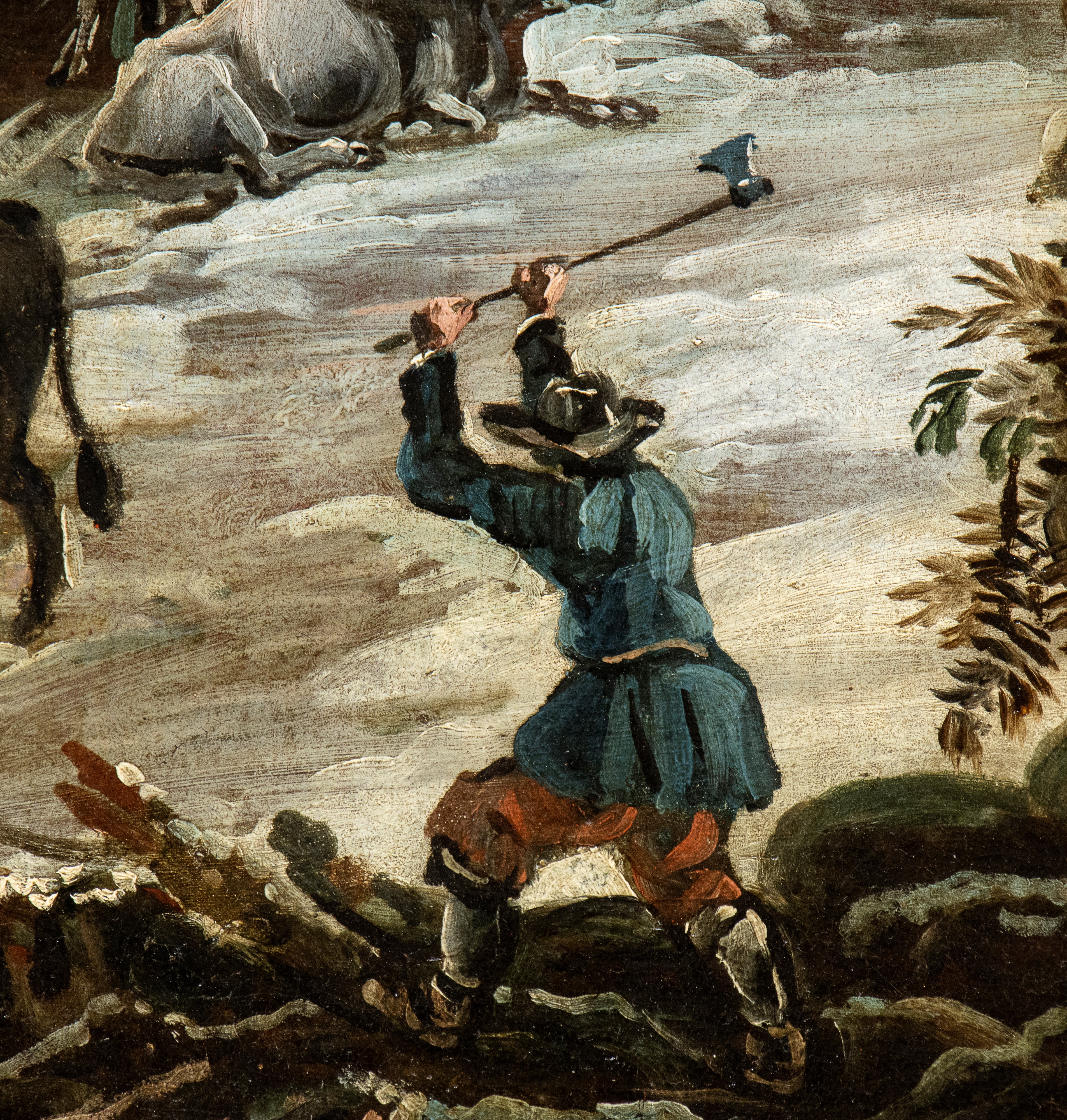 Artista Fiammingo Attivo in Italia, XVIII Secolo - Paesaggio Invernale con Villaggio, Contadini e...