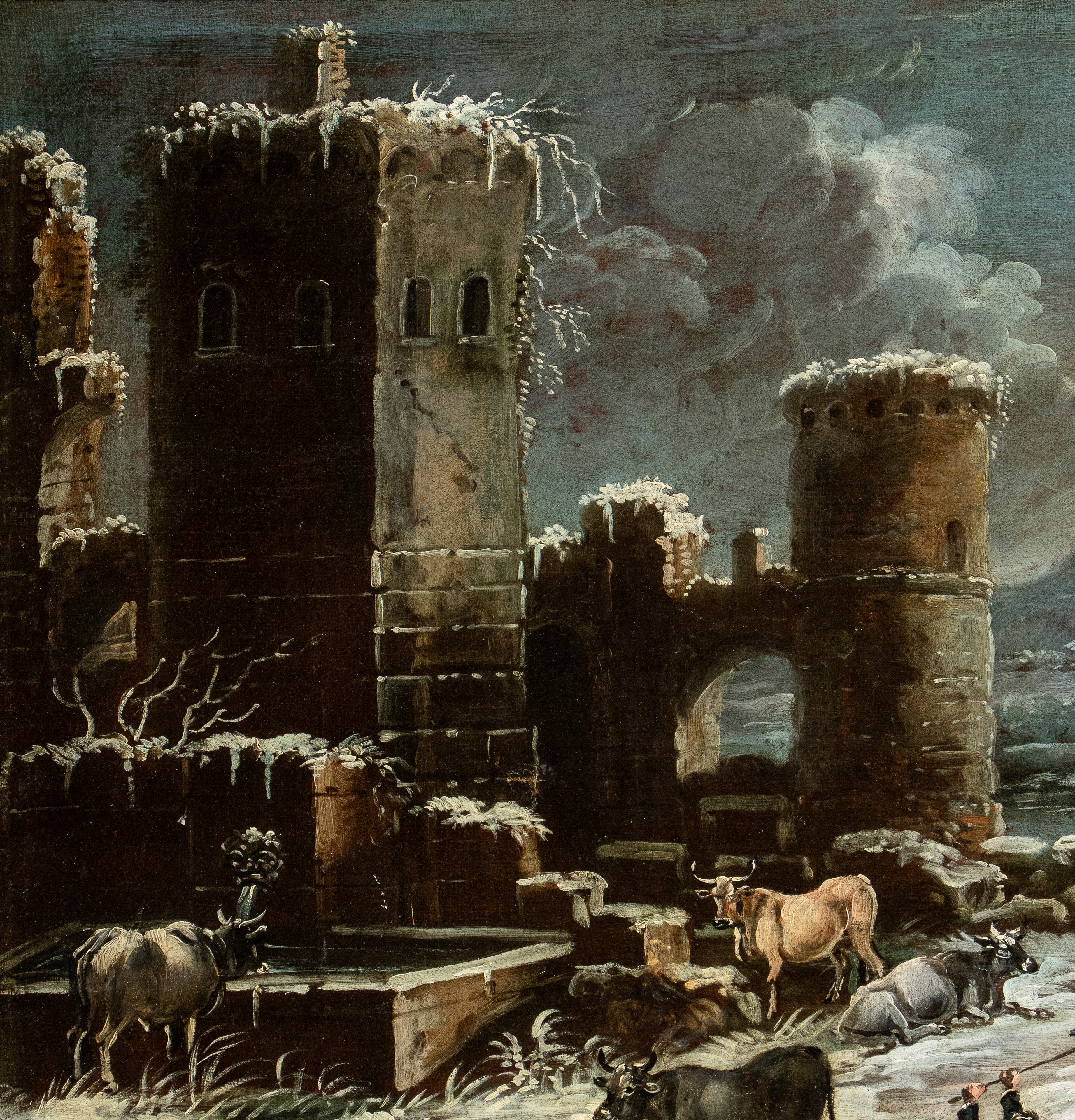 Paesaggio invernale con villaggio, contadini e armenti