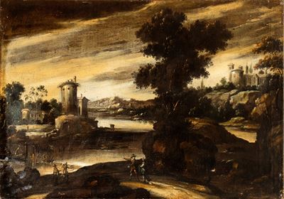 Passeggio con Corso D'acqua, Figure e una Cittadella sullo Sfondo