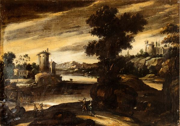 Artista italiano, XVIII secolo - Landscape with watercourse, figures and a citadel in the background