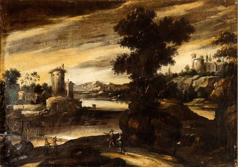 Artista Italiano, XVIII Secolo - Passeggio con Corso D'acqua, Figure e una Cittadella sullo Sfond...