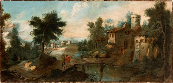 Artista veneto, XVIII secolo - Landscape with bridge, figures and buildings