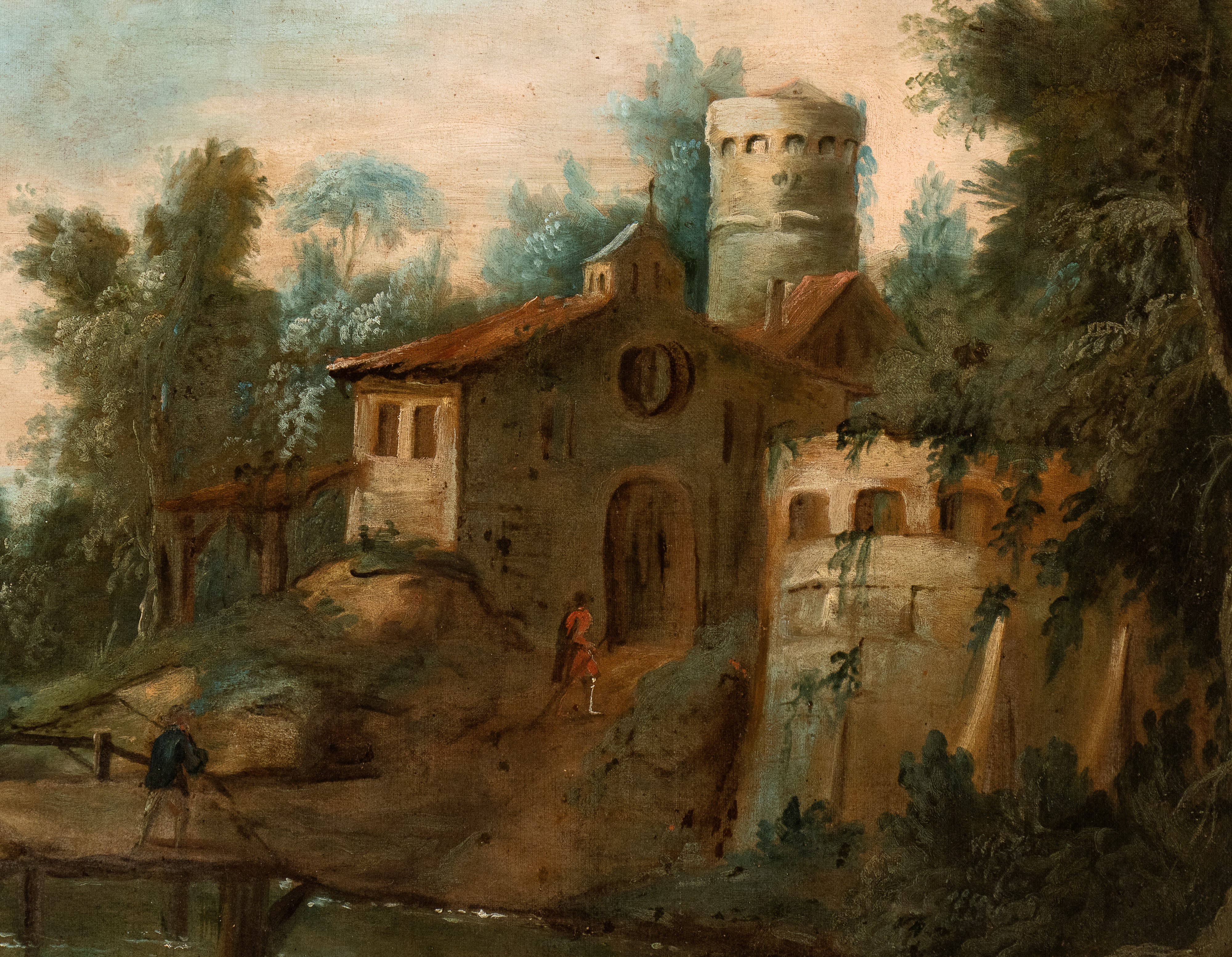 Artista Veneto, XVIII Secolo - Paesaggio con Ponte, Figure e Caseggiati