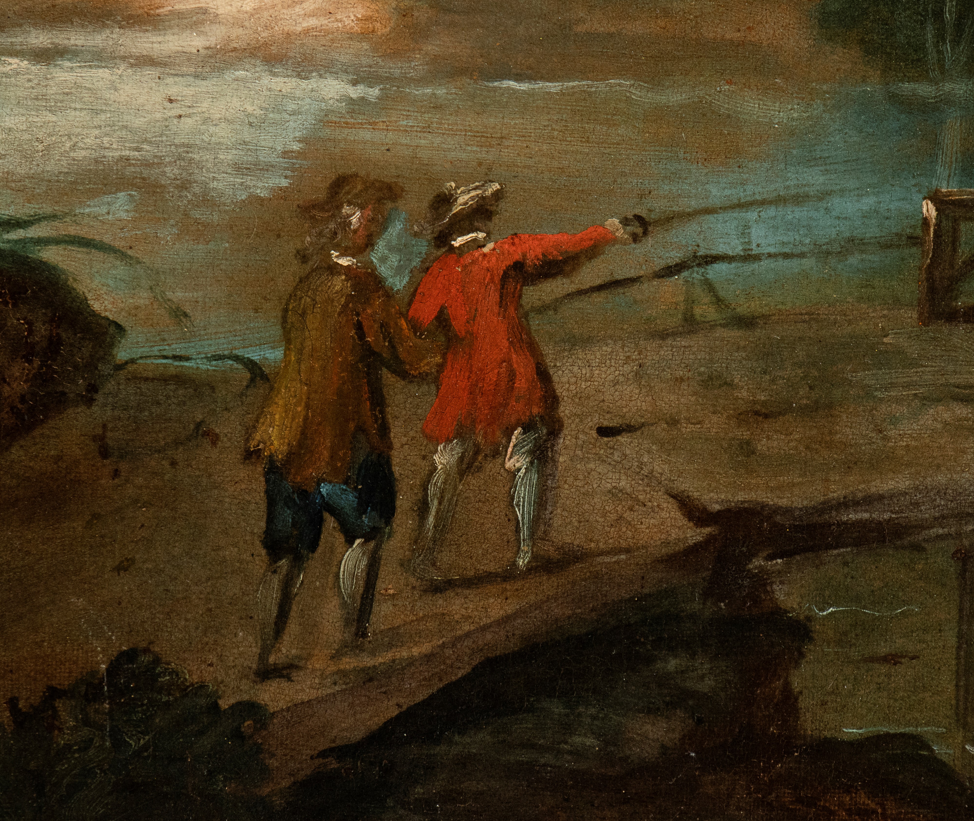 Artista Veneto, XVIII Secolo - Paesaggio con Ponte, Figure e Caseggiati