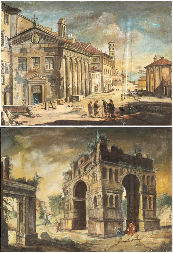 Artista attivo a Roma, XVIII - XIX secolo - a) View of the Foro Boario with Santa Maria in Cosmedin; b) Arch of Giano. Pair of paintings