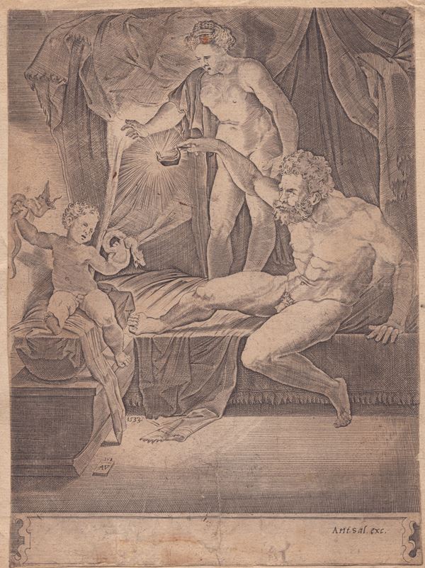 Agostino Veneziano (Agostino dei Musi) - Heracles as a child with Alcmena and Amphitryon