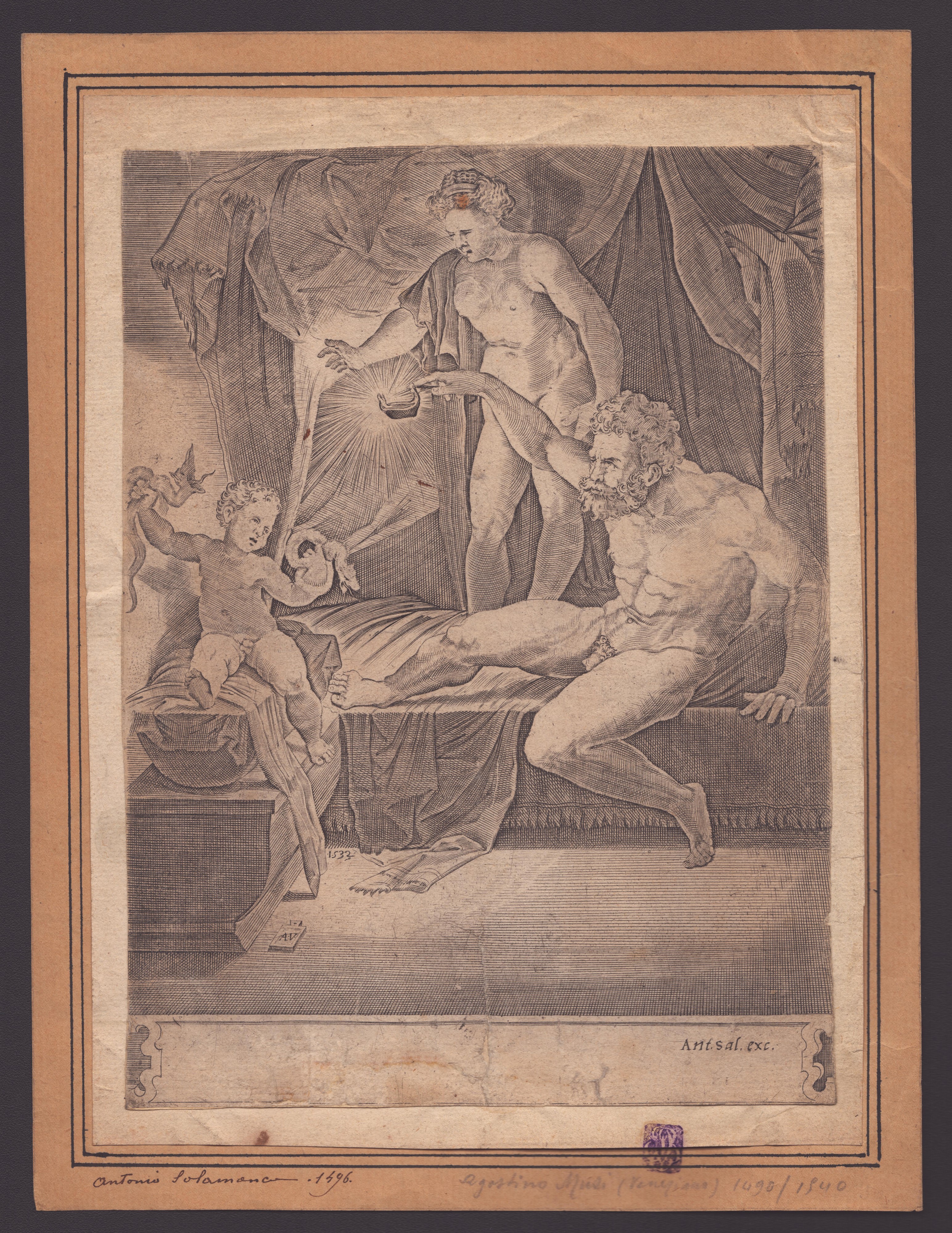 Agostino Veneziano (agostino dei Musi) - Eracle Fanciullo con Alcmena e Anfitrione