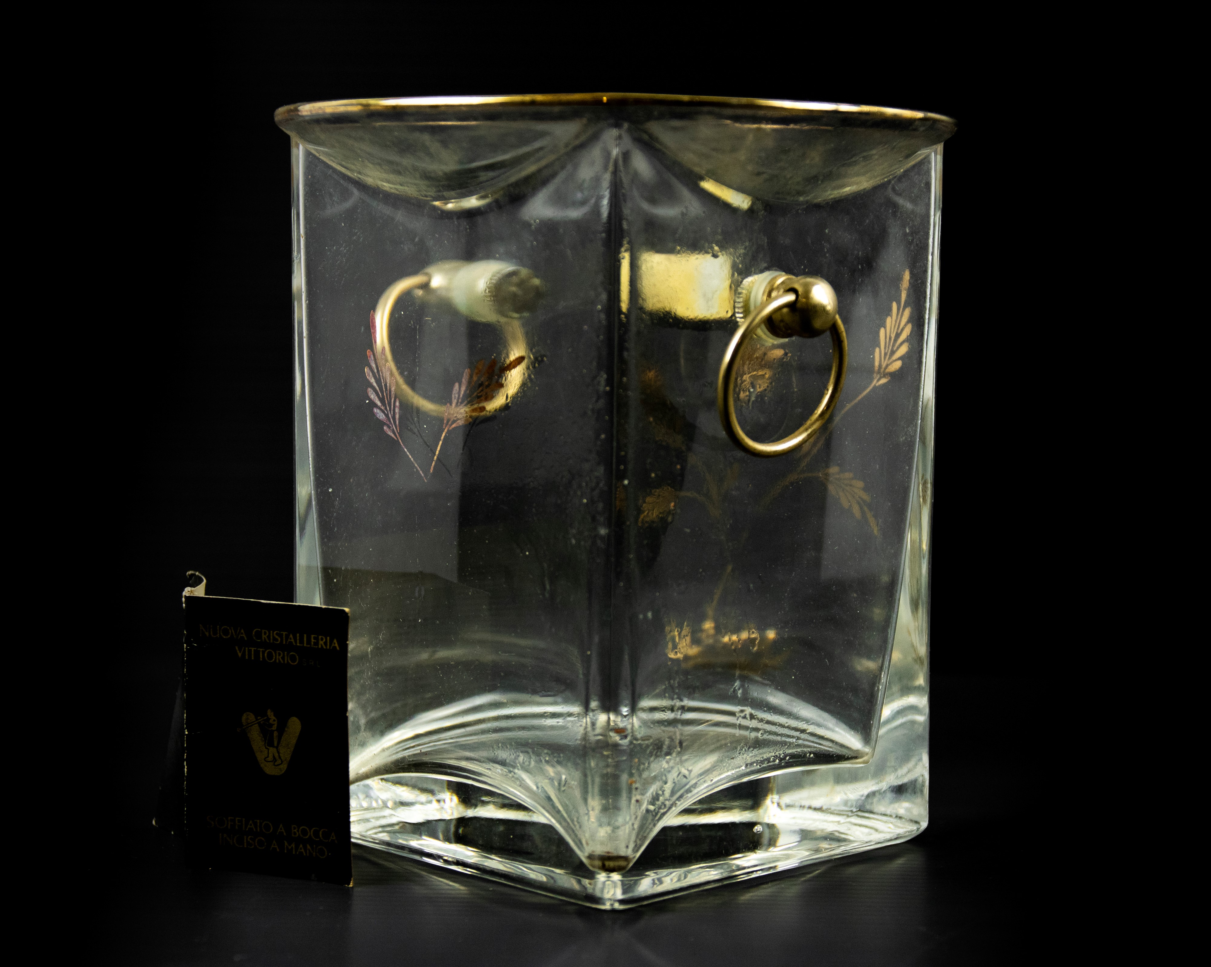 Contenitore per ghiaccio d'epoca in vetro e ottone