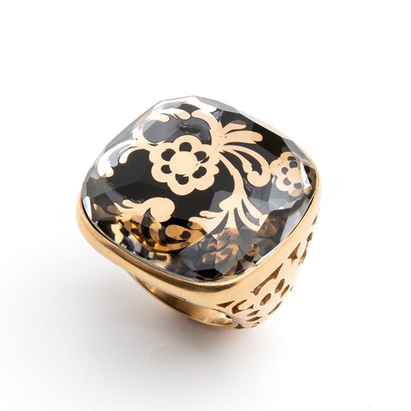 POMELLATO - ARABESQUE collection: gold and fume quartz band ring 