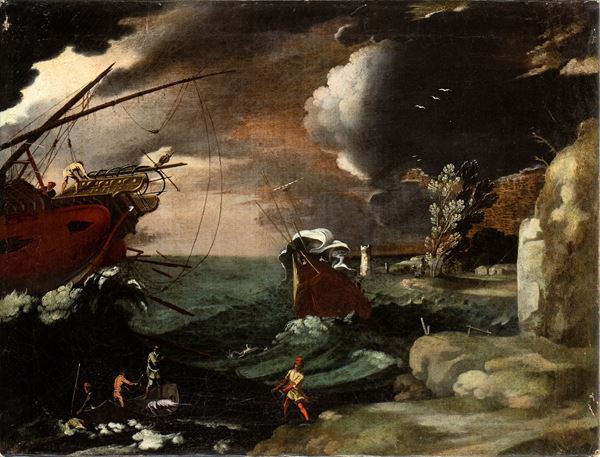 Agostino Tassi - Mare in tempesta con barca all'ormeggio