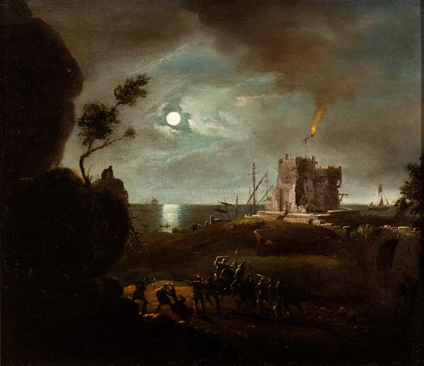 Artista nordico attivo in Italia, prima met&#224; XVII secolo - Moonlight combat near a lighthouse