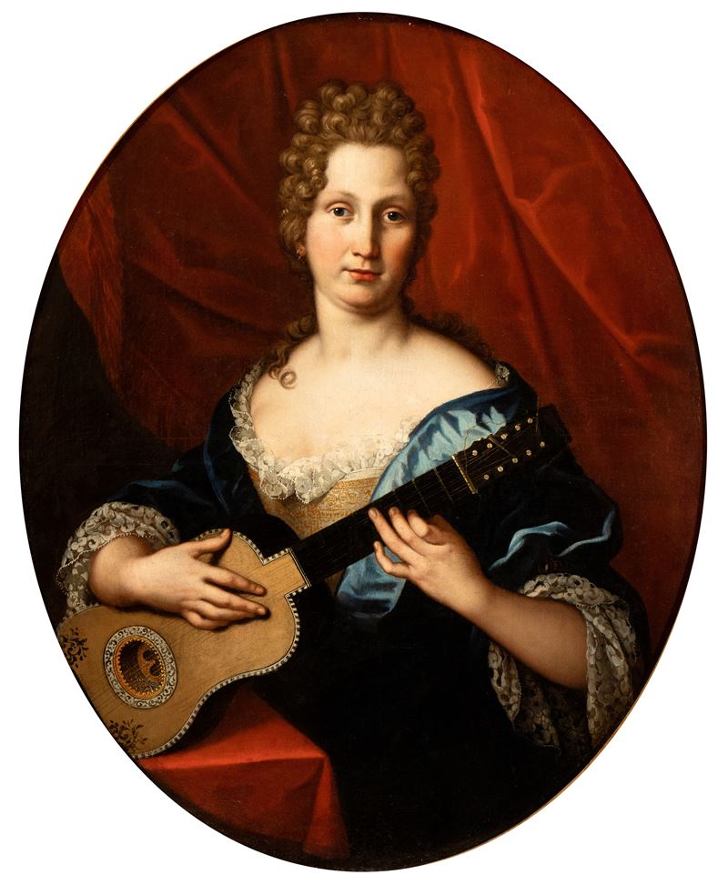 Artista Napoletano, XVIII Secolo - Ritratto di Gentildonna con Chitarrino