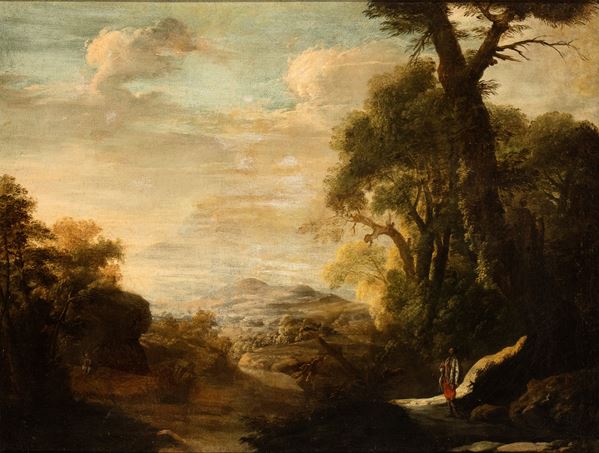 Herman van Swanevelt - Landscape with river and hunter