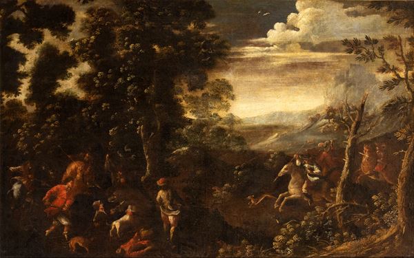 Artista fiammingo, XVII secolo - Landscape with hunting scene