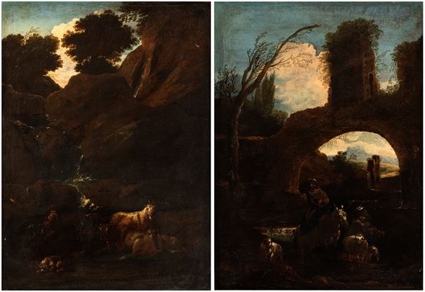 Philipp Peter Roos Rosa da Tivoli - a) Landscape with ruined arch, shepherd and herds; b) Landscape with watercourse, shepherd and herds. Pair of paintings