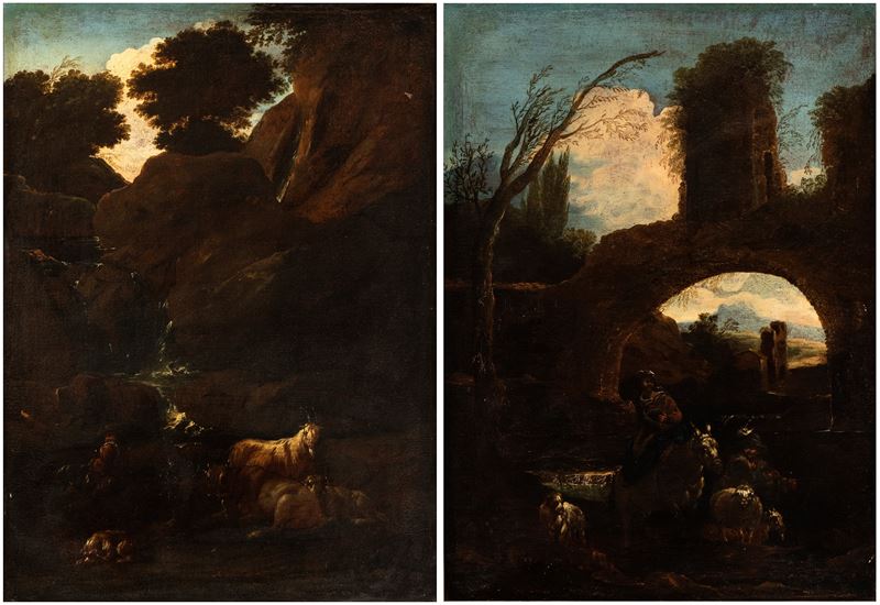 Philipp Peter Roos Rosa da Tivoli - A) Paesaggio con Arco in Rovina, Pastore e Armenti; B) Paesag...