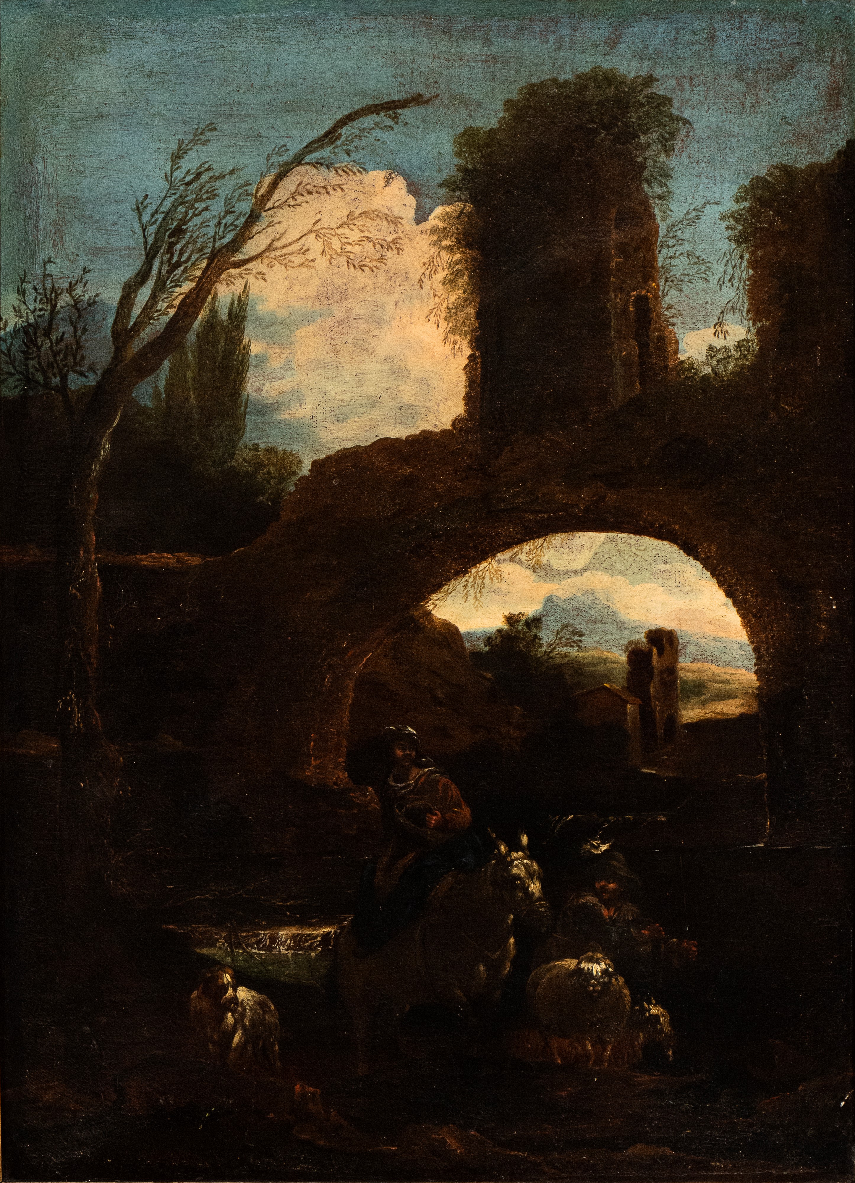 a) Paesaggio con arco in rovina, pastore e armenti; b) paesaggio con corso d'acqua, pastore e arm...