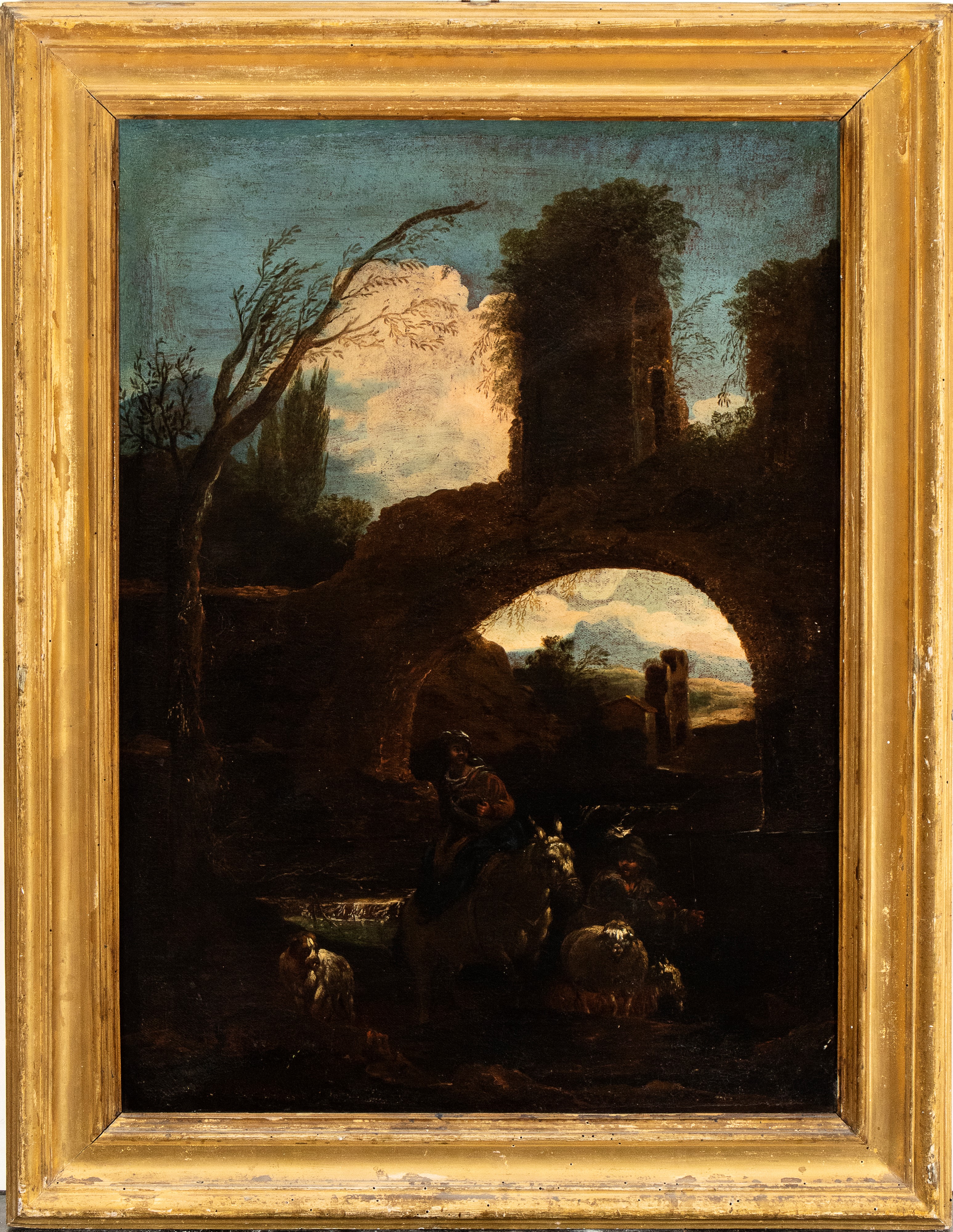 a) Paesaggio con arco in rovina, pastore e armenti; b) paesaggio con corso d'acqua, pastore e arm...