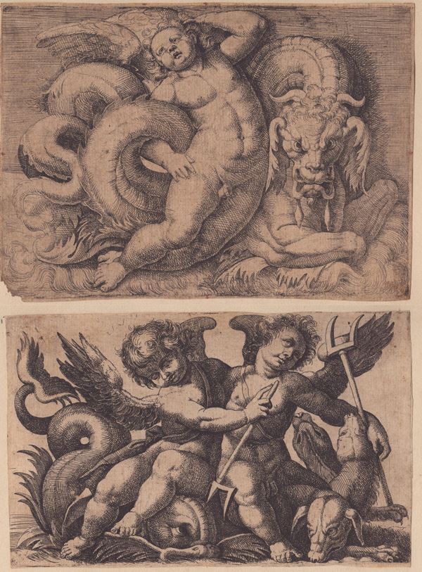 Giovanni Andrea Maglioli - Putto con un serpente marino | Due putti che cavalcano un mostro marino