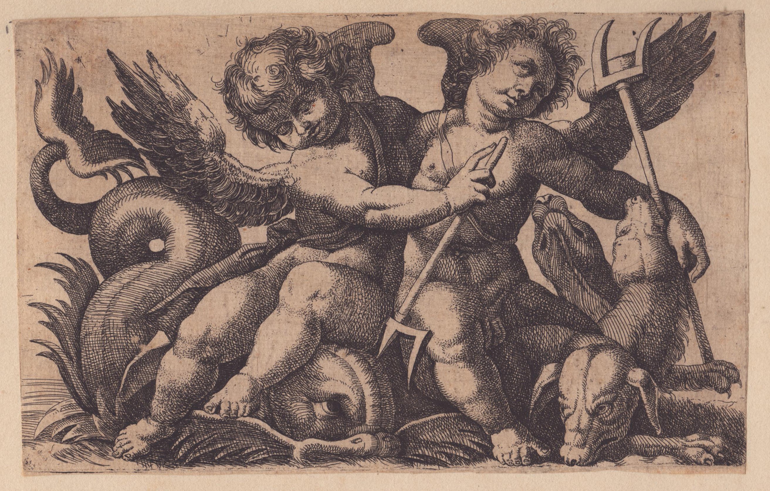 Giovanni Andrea Maglioli - Putto con un Serpente Marino | Due Putti che Cavalcano un Mostro Marin...