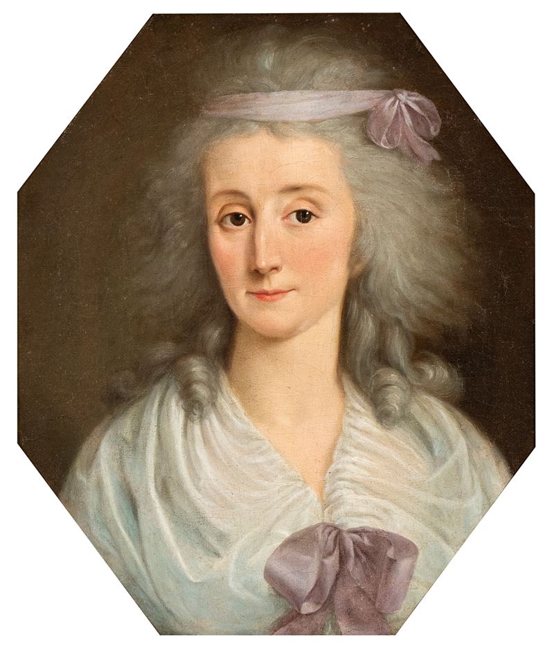 Pompeo Batoni - Ritratto di dama con nastri viola, olio su tela esagonale
