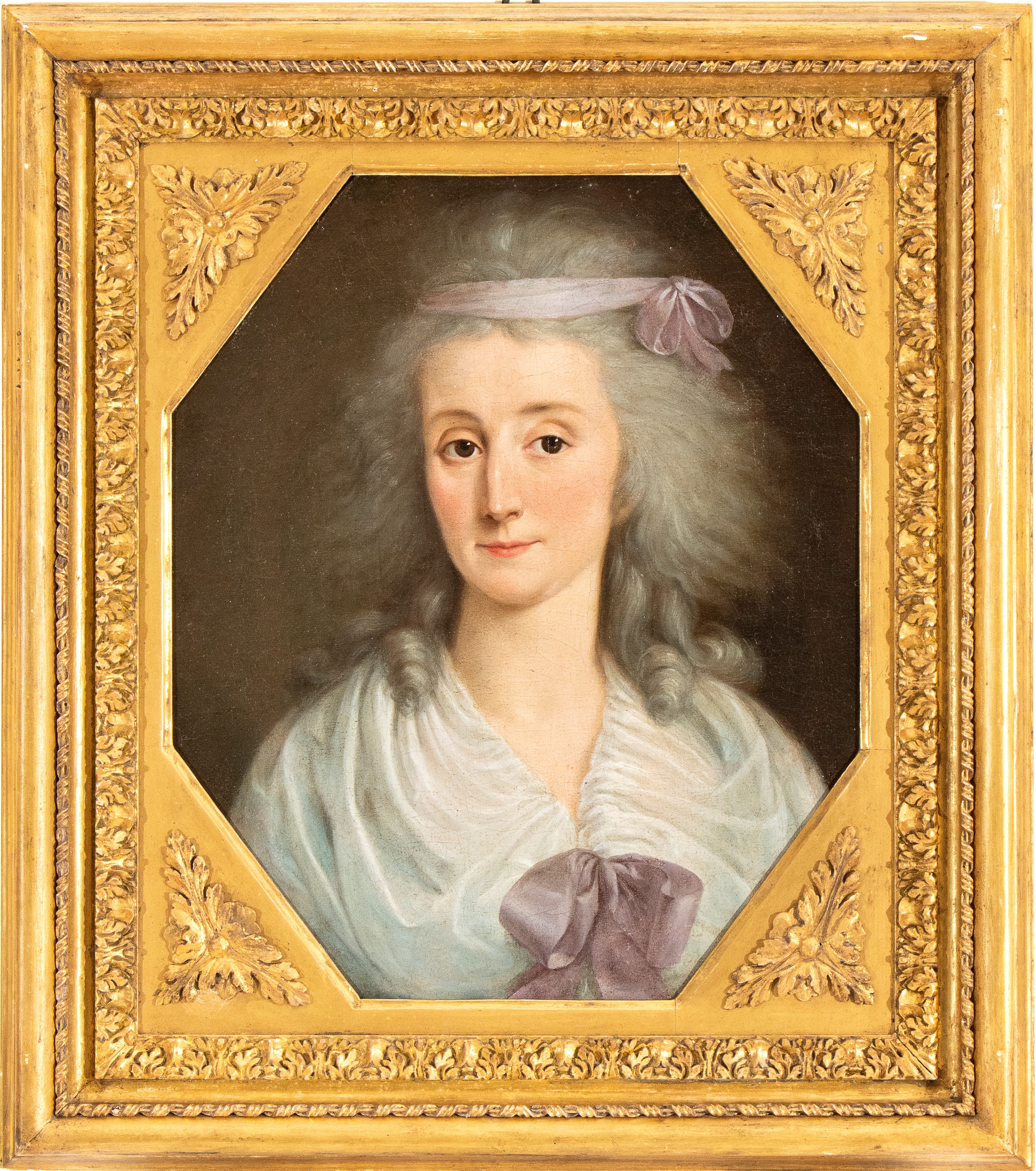 Pompeo Batoni - Ritratto di dama con nastri viola, olio su tela esagonale