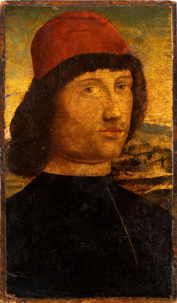 Artista veneziano, XVI secolo - Ritratto di giovane con cappello rosso