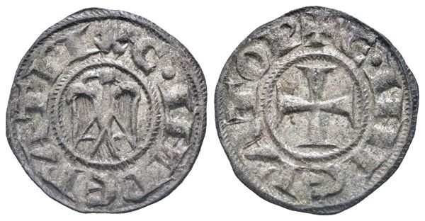 MESSINA. REGNO DI SICILIA. Enrico VI (1194-1197). Denaro. Mi. 0,80gr. Mir 53. RR. qSPL