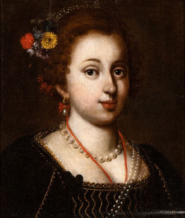 Artista napoletano, prima met&#224; XVII secolo - Portrait of a young girl with pearls and flowers in her hair