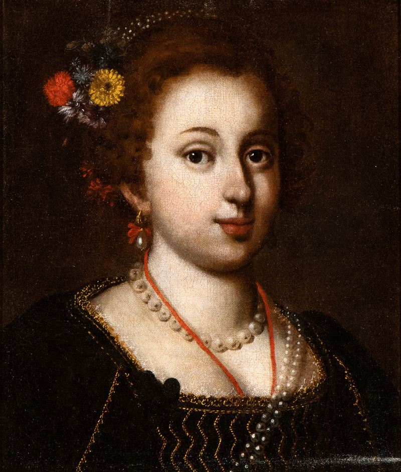 Artista Napoletano, Prima Metà XVII Secolo - Ritratto di Giovinetta con Perle e Fiori tra i Capel...