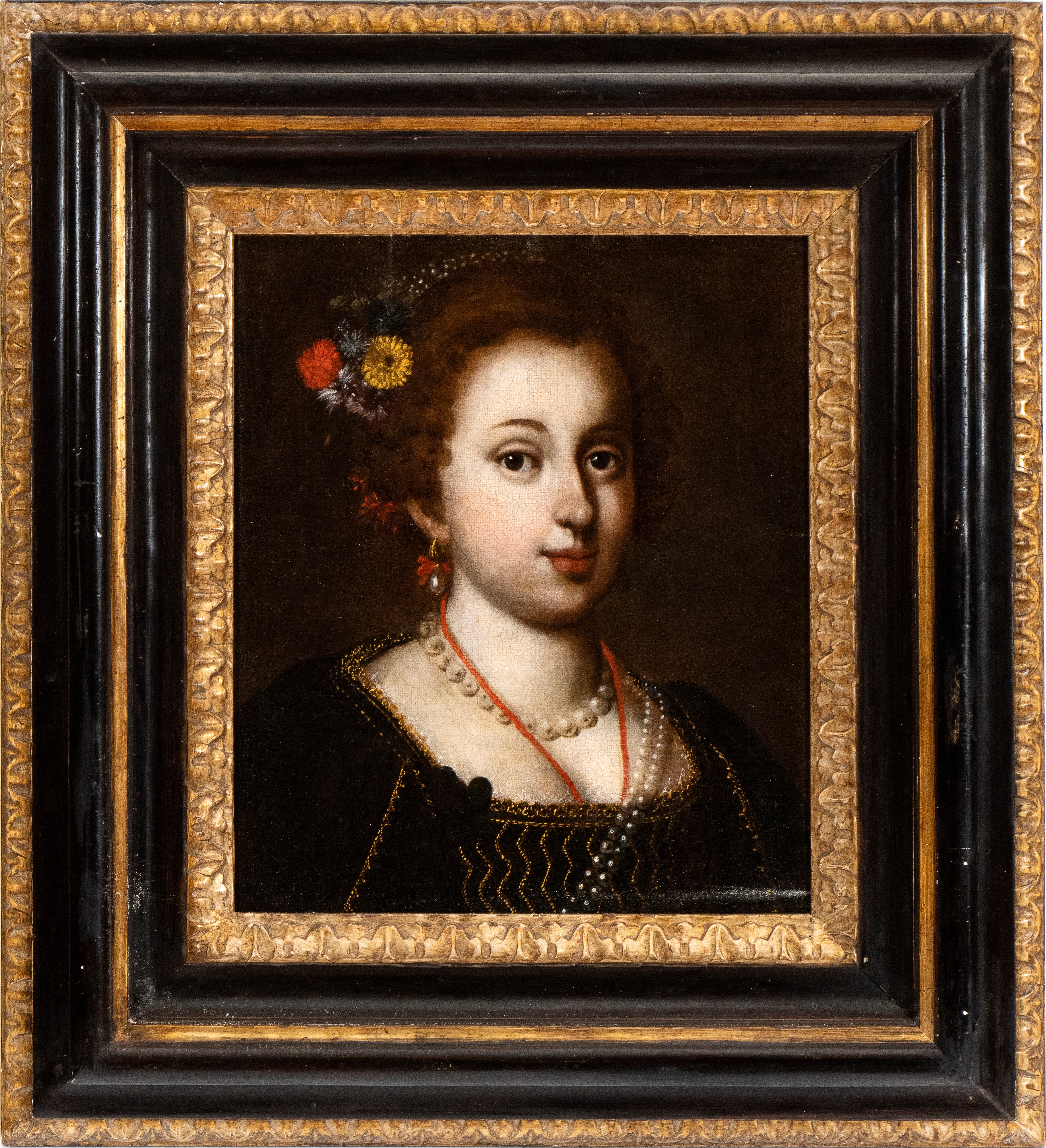 Artista Napoletano, Prima Metà XVII Secolo - Ritratto di Giovinetta con Perle e Fiori tra i Capel...