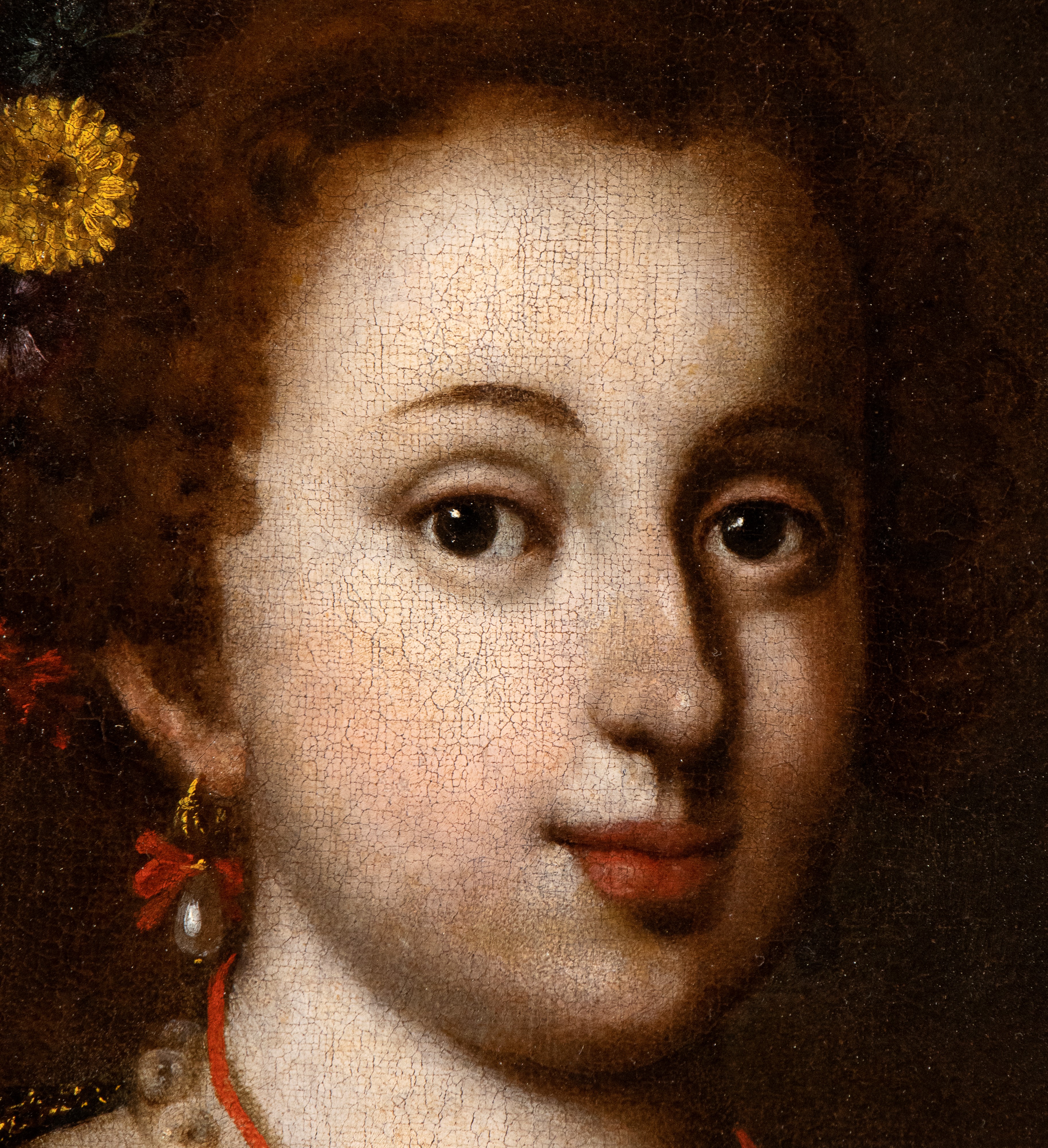 Artista Napoletano, Prima Metà XVII Secolo - Ritratto di Giovinetta con Perle e Fiori tra i Capel...