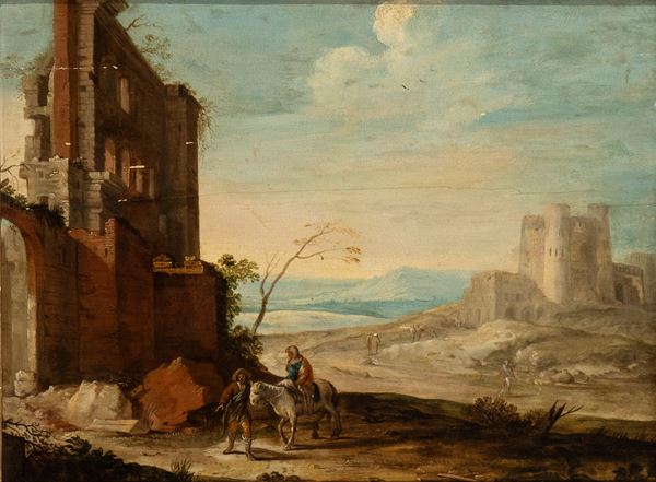 Artista fiammingo attivo in Italia, XVII secolo - Landscape with ruins, stronghold and figures