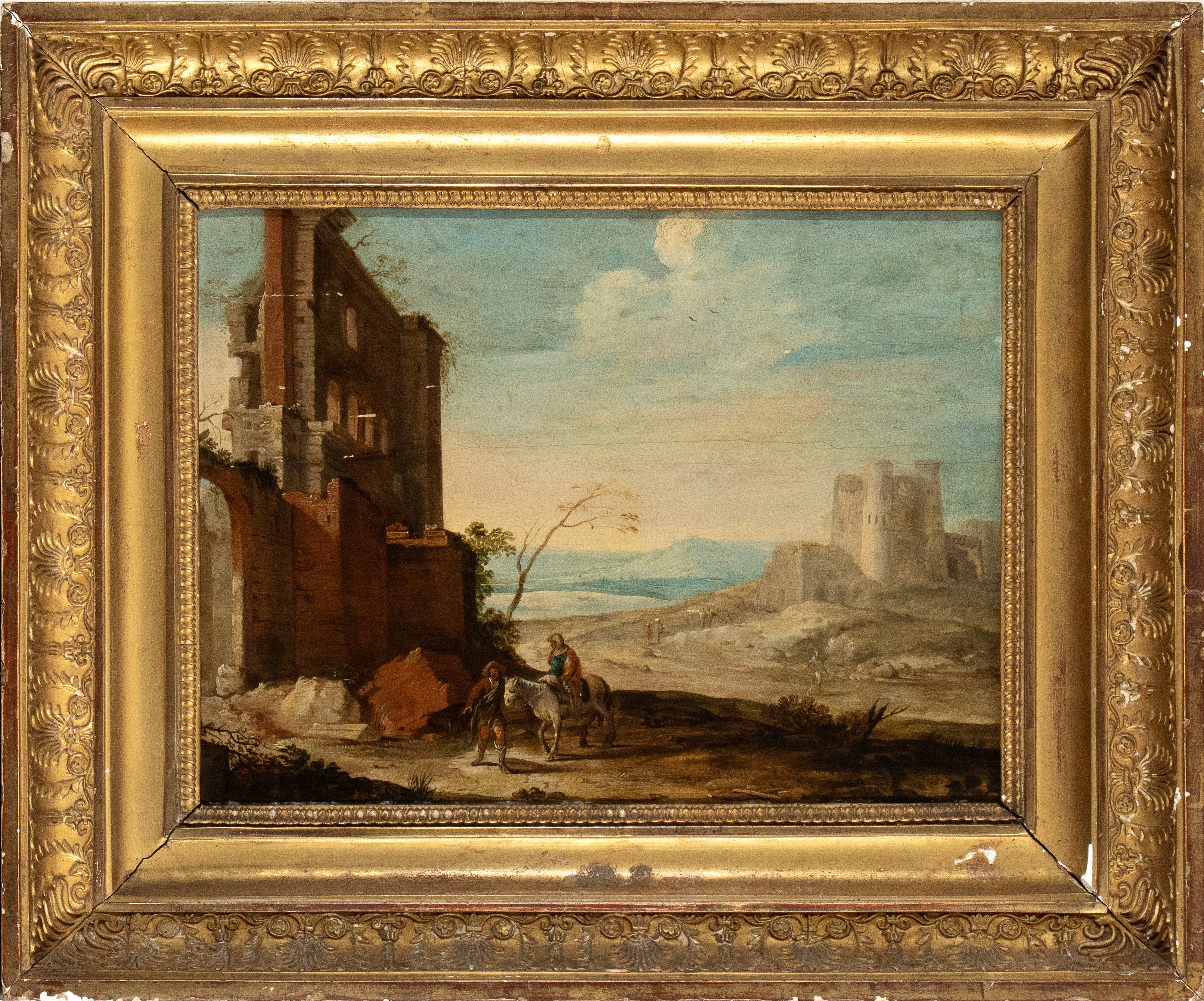Artista Fiammingo Attivo in Italia, XVII Secolo - Paesaggio con Ruderi, Roccaforte e Figure