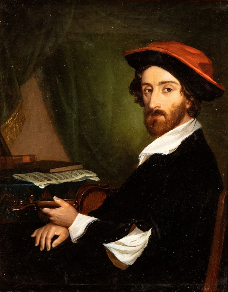 Artista Italiano, XIX Secolo - Ritratto di Musicista con Violino e Berretto Rosso