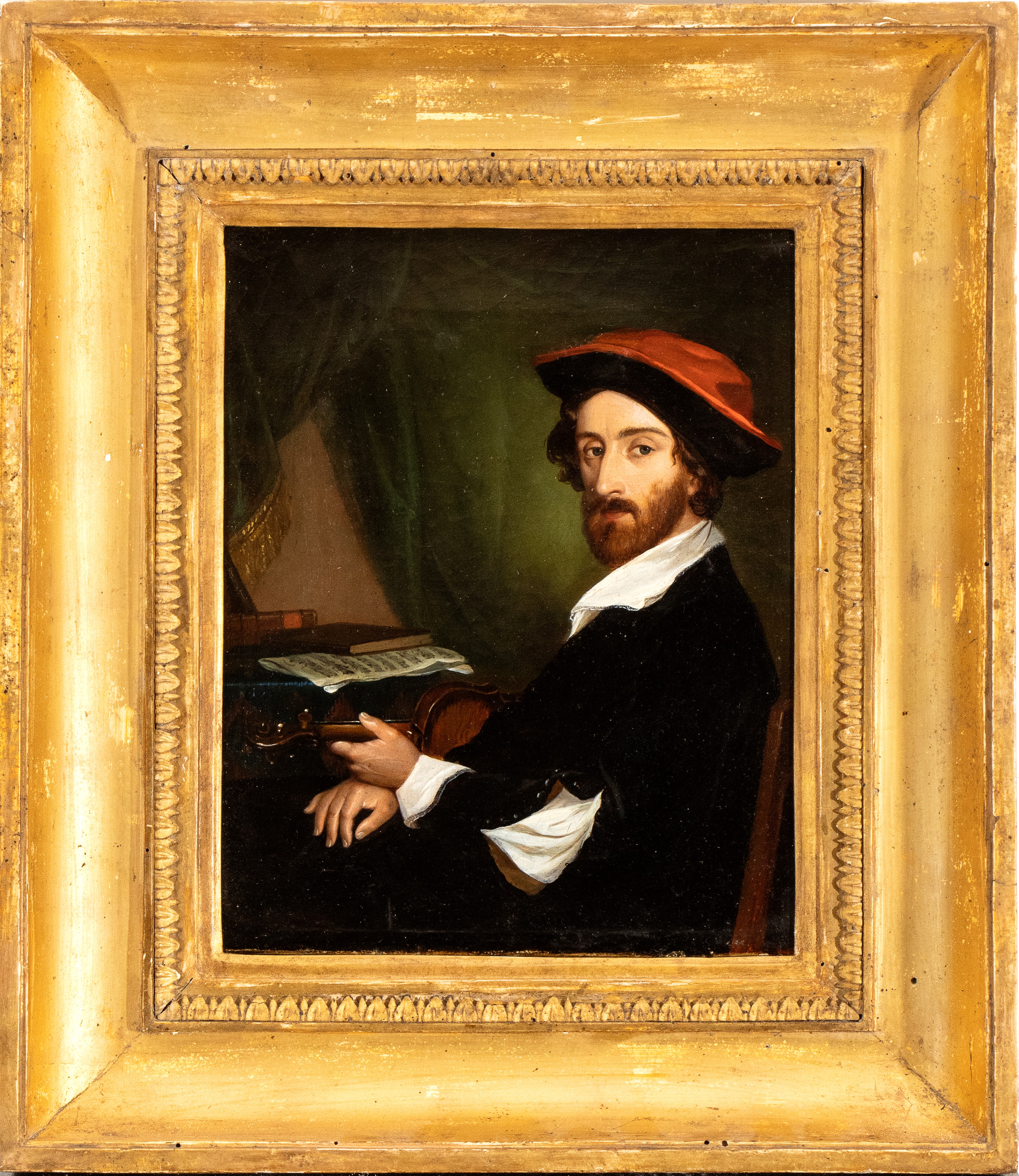 Artista Italiano, XIX Secolo - Ritratto di Musicista con Violino e Berretto Rosso