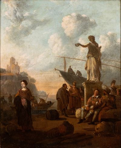Scena Portuale con Statua, Figure e Imbarcazioni