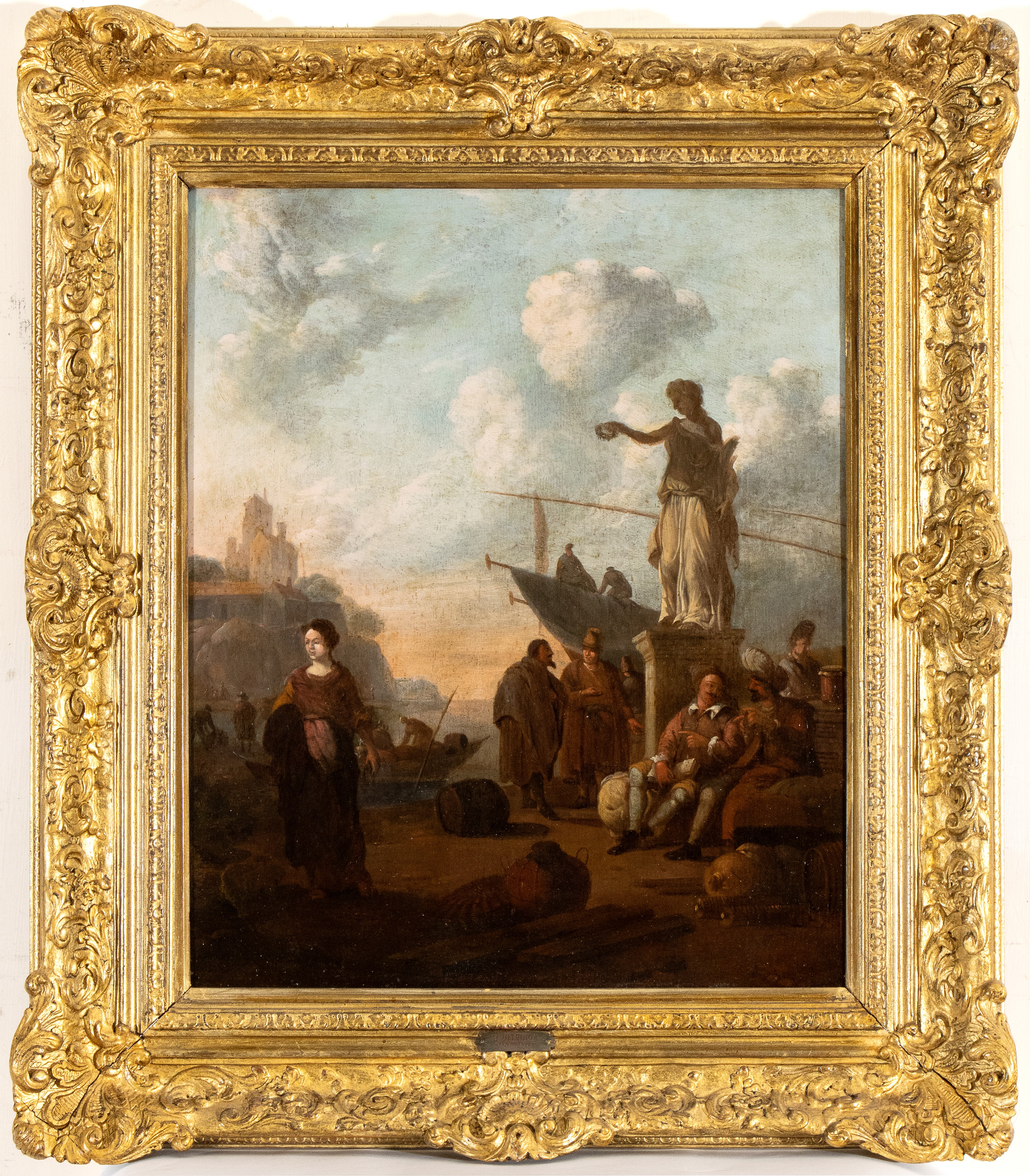 Wigerus Vitringa - Scena Portuale con Statua, Figure e Imbarcazioni