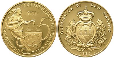 San Marino. 5 Scudi 1993. Au 916,66 (16,96 G)
