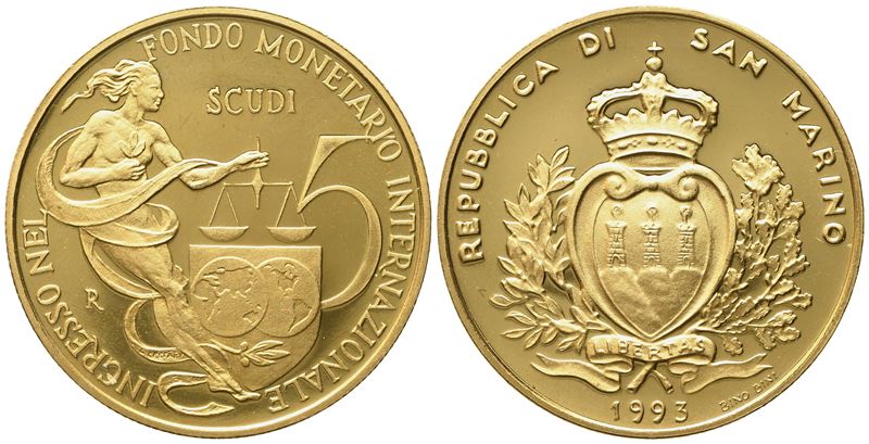 San Marino. 5 Scudi 1993. Au 916,66 (16,96 G)