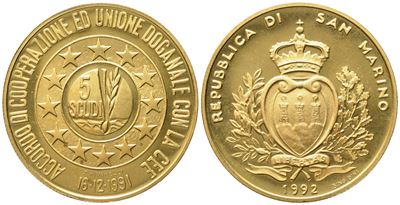 San Marino. 5 Scudi 1992. Au 916,66 (16,96 G)