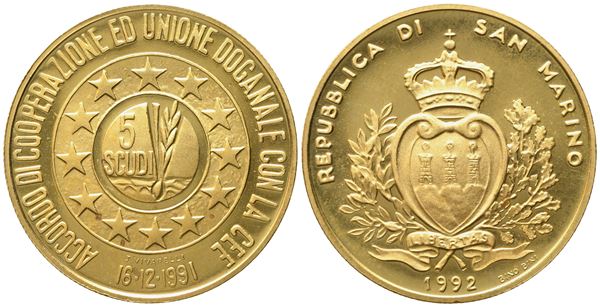 SAN MARINO. 5 scudi 1992. Au 916,66 (16,96 g)