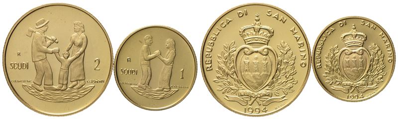 San Marino. 1 e 2 Scudi 1994, Dittico. Au 900 (9,67 G)