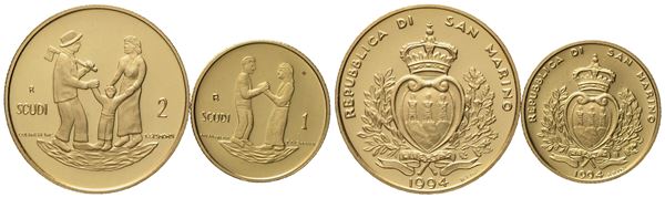 SAN MARINO. 1 e 2 scudi 1994, dittico. Au 900 (9,67 g)