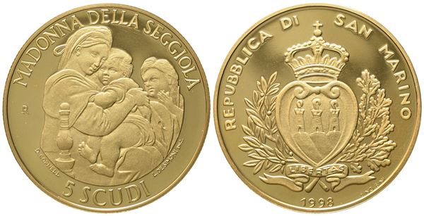 SAN MARINO. 5 scudi 1998. Au 916,66 (16,96 g)  - Asta Monete e medaglie medievali e moderne italiane ed estere - Bertolami Fine Art - Casa d'Aste