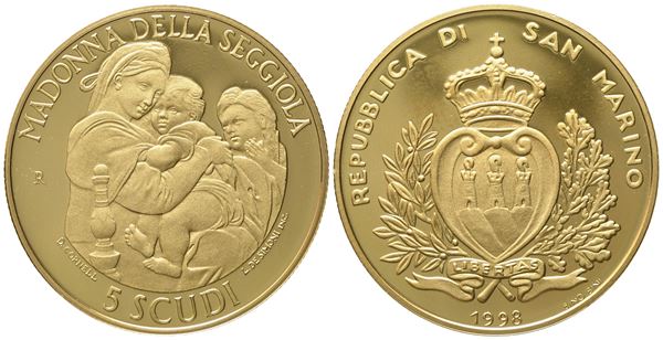 SAN MARINO. 5 scudi 1998. Au 916,66 (16,96 g)  - Auction Modern Coins - Bertolami Fine Art - Casa d'Aste