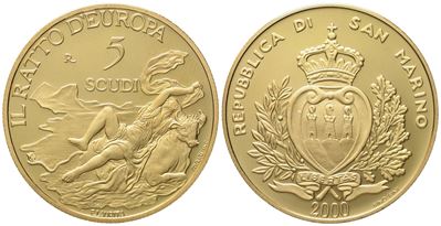 San Marino. 5 Scudi 2000. Au 916,66 (16,96 G)