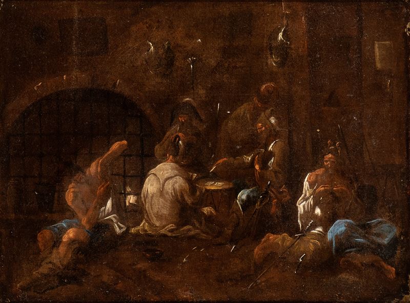 Artista Genovese, Fine XVII - Inizio XVIII Secolo - Interno di Cella con Giocatori di Carte